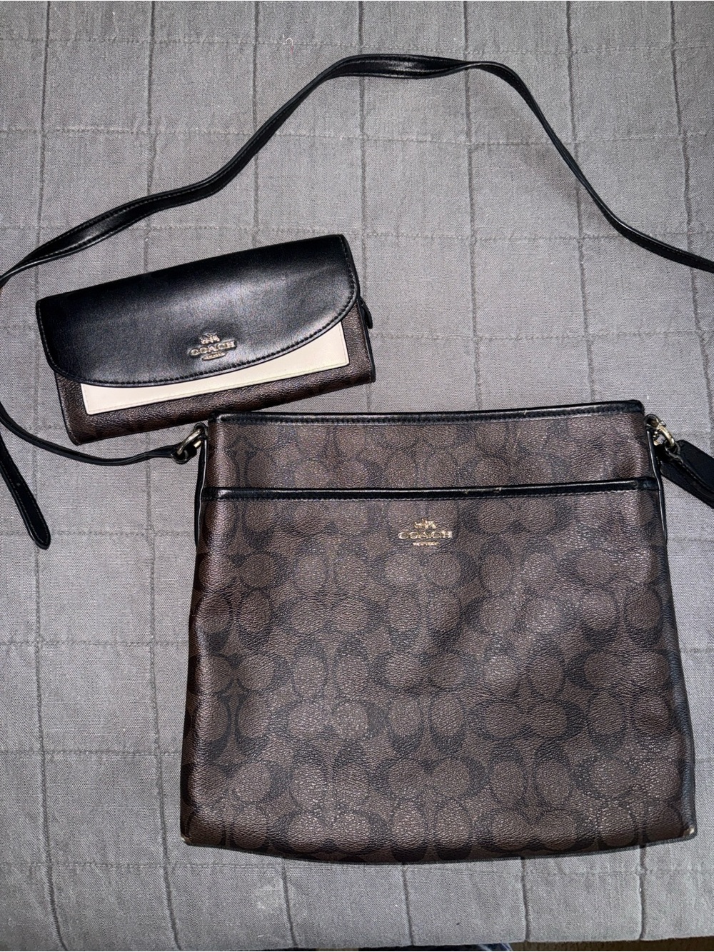 Coach Signature Brown and Black Crossbody Bag with matching wallet